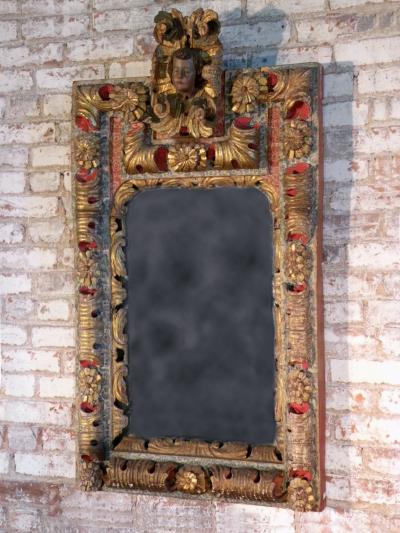 18th Century Spanish Colonial Carved Painted and Gilt Mirror