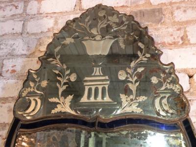 18th Century Swedish etched Glass Mirror with Blue Edge