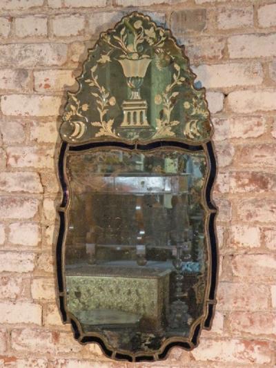 18th Century Swedish etched Glass Mirror with Blue Edge