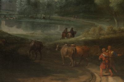 18th FRENCH SCHOOL LANDSCAPE WITH A FORTIFIED SETTLEMENT AND ANIMALS GRAZING