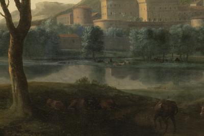 18th FRENCH SCHOOL LANDSCAPE WITH A FORTIFIED SETTLEMENT AND ANIMALS GRAZING