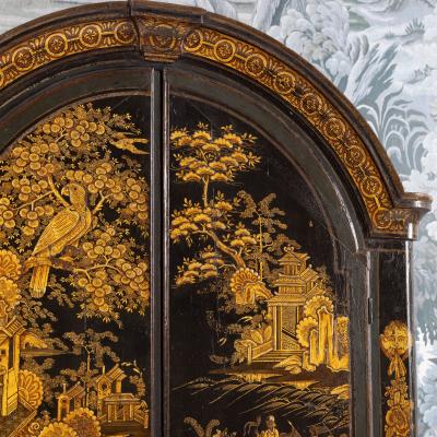 18th c English Black Lacquer and Parcel Gilt Japanned Corner Cabinet on Stand