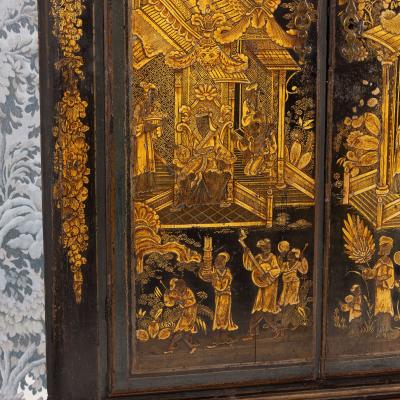 18th c English Black Lacquer and Parcel Gilt Japanned Corner Cabinet on Stand