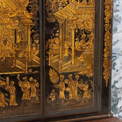 18th c English Black Lacquer and Parcel Gilt Japanned Corner Cabinet on Stand