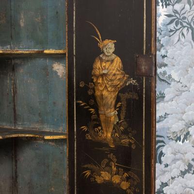 18th c English Black Lacquer and Parcel Gilt Japanned Corner Cabinet on Stand