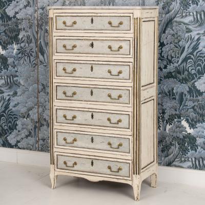 18th c French Painted Tall Chest of Drawers with Original Marble Top