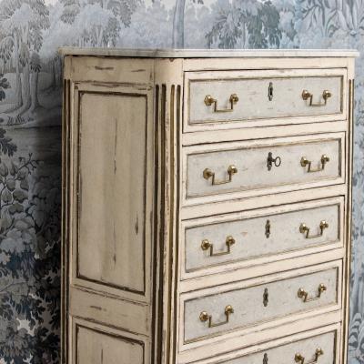 18th c French Painted Tall Chest of Drawers with Original Marble Top