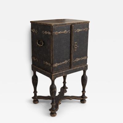 18th c Swedish Baroque Period Black Painted Spice Cabinet on Stand