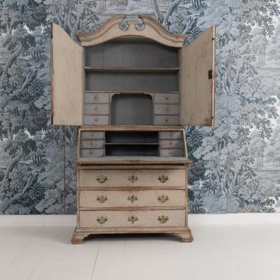 18th c Swedish Gustavian Period Gray Painted Secretary with Library