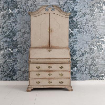 18th c Swedish Gustavian Period Gray Painted Secretary with Library