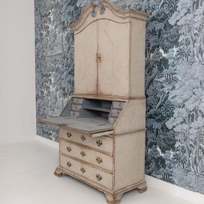 18th c Swedish Gustavian Period Gray Painted Secretary with Library