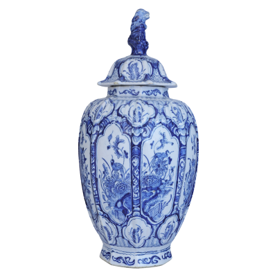18th century Dutch Delft lidded Lion Vase with floral decoration