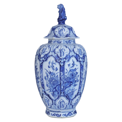 18th century Dutch Delft lidded Lion Vase with floral decoration