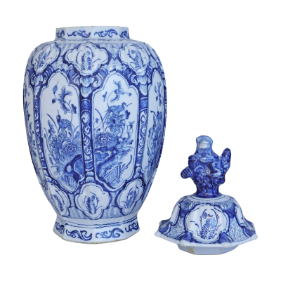 18th century Dutch Delft lidded Lion Vase with floral decoration