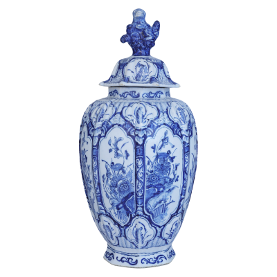 18th century Dutch Delft lidded Lion Vase with floral decoration