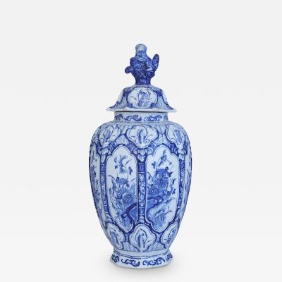18th century Dutch Delft lidded Lion Vase with floral decoration