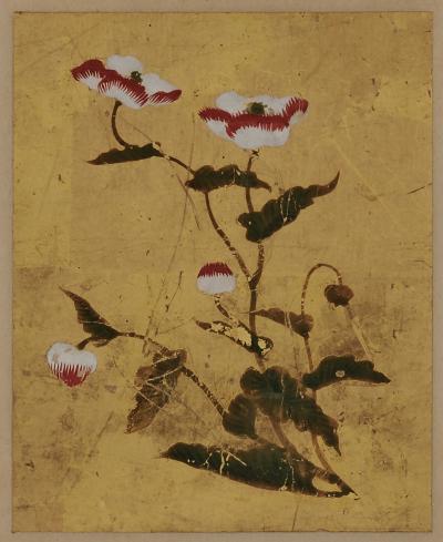 18th century Japanese floral paintings Pigment on gold leaf Set of 5