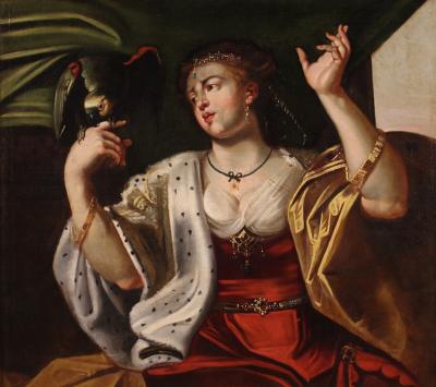 18th century antique painting Lady with parrot