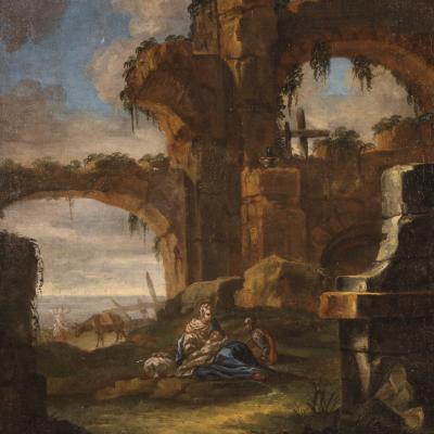 18th century architectural capriccio painting Rest on the Flight into Egypt