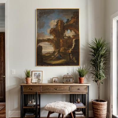 18th century architectural capriccio painting Rest on the Flight into Egypt