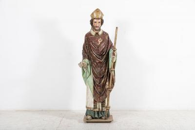 18thC Italian Oak Polychrome Carved Bishop Statue