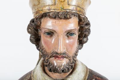 18thC Italian Oak Polychrome Carved Bishop Statue