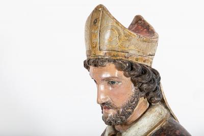 18thC Italian Oak Polychrome Carved Bishop Statue