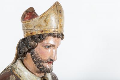 18thC Italian Oak Polychrome Carved Bishop Statue