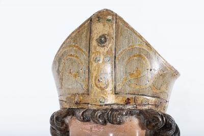 18thC Italian Oak Polychrome Carved Bishop Statue