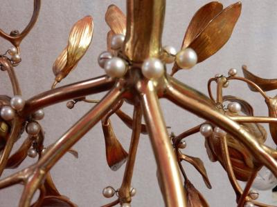 1900 Art Nouveau Gilted Bronze Mistletoe Ball Chandelier Has 3 Lights