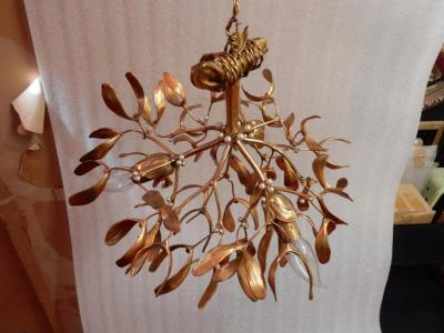 1900 Art Nouveau Gilted Bronze Mistletoe Ball Chandelier Has 3 Lights