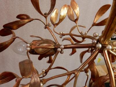 1900 Art Nouveau Gilted Bronze Mistletoe Ball Chandelier Has 3 Lights