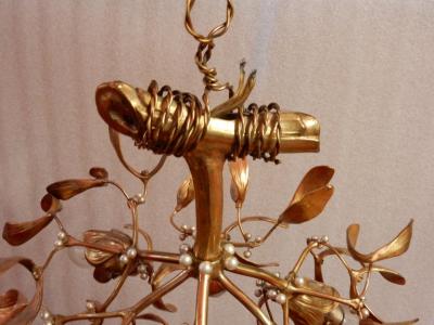 1900 Art Nouveau Gilted Bronze Mistletoe Ball Chandelier Has 3 Lights