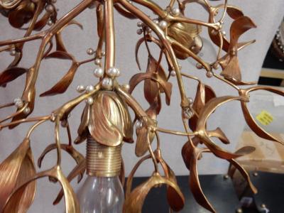 1900 Art Nouveau Gilted Bronze Mistletoe Ball Chandelier Has 3 Lights