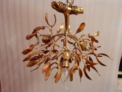 1900 Art Nouveau Gilted Bronze Mistletoe Ball Chandelier Has 3 Lights
