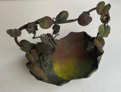 1900 Art Nouveau Patinated Bronze Fruit Basket Japanese Crane And Water Lilies