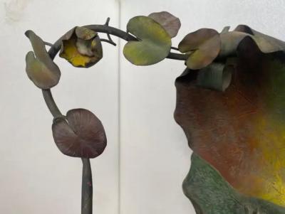 1900 Art Nouveau Patinated Bronze Fruit Basket Japanese Crane And Water Lilies