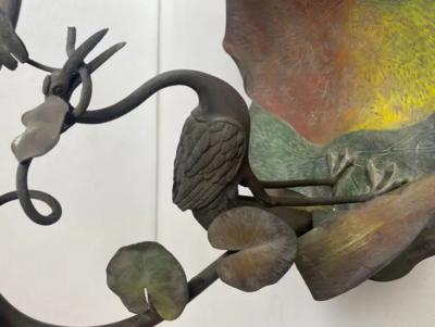 1900 Art Nouveau Patinated Bronze Fruit Basket Japanese Crane And Water Lilies