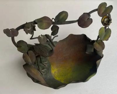 1900 Art Nouveau Patinated Bronze Fruit Basket Japanese Crane And Water Lilies
