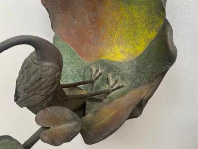 1900 Art Nouveau Patinated Bronze Fruit Basket Japanese Crane And Water Lilies