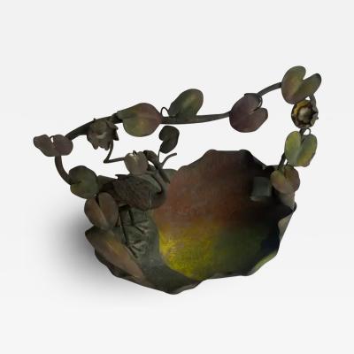 1900 Art Nouveau Patinated Bronze Fruit Basket Japanese Crane And Water Lilies