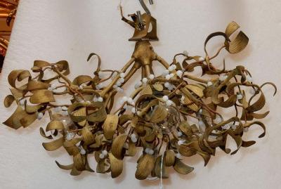 1900 Ball of Mistletoe Art Nouveau Bronze Has five Bulbs and Pearls Opaline