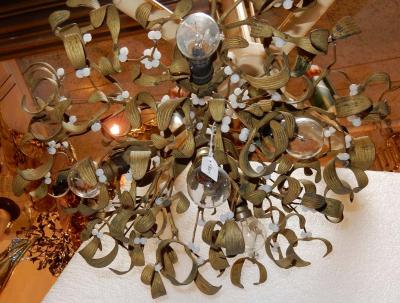 1900 Ball of Mistletoe Art Nouveau Bronze Has five Bulbs and Pearls Opaline