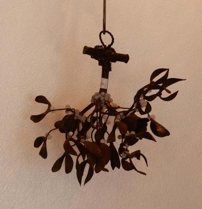 1900 Ball of Mistletoe Bronze Has Two Bulbs and Pearls Opaline