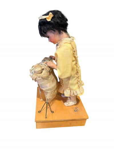1900s FRENCH BISQUE MOTHER DOLL ROCKING BABY IN BASSINET MUSICAL AUTOMATON