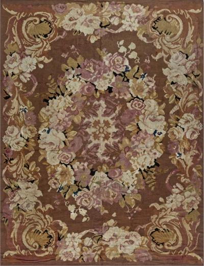 1900s French Aubusson Floral Beige Black Brown Pink Wool Rug