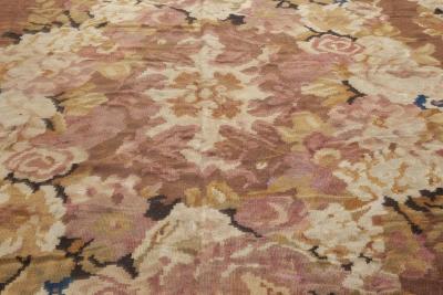 1900s French Aubusson Floral Beige Black Brown Pink Wool Rug