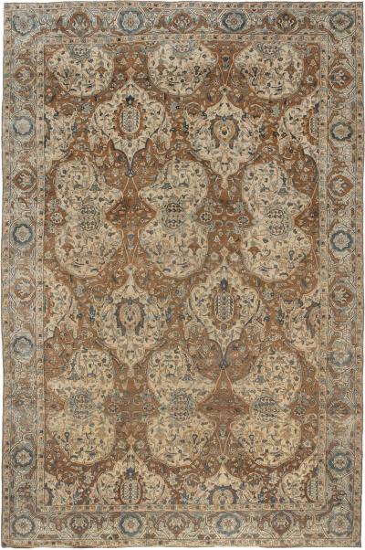 1900s Persian Kirman Brown Beige and Blue Handmade Wool Rug