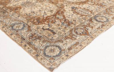1900s Persian Kirman Brown Beige and Blue Handmade Wool Rug