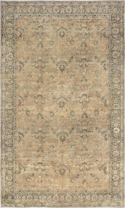 1900s Persian Kirman Cream Beige and Blue Handwoven Wool Rug